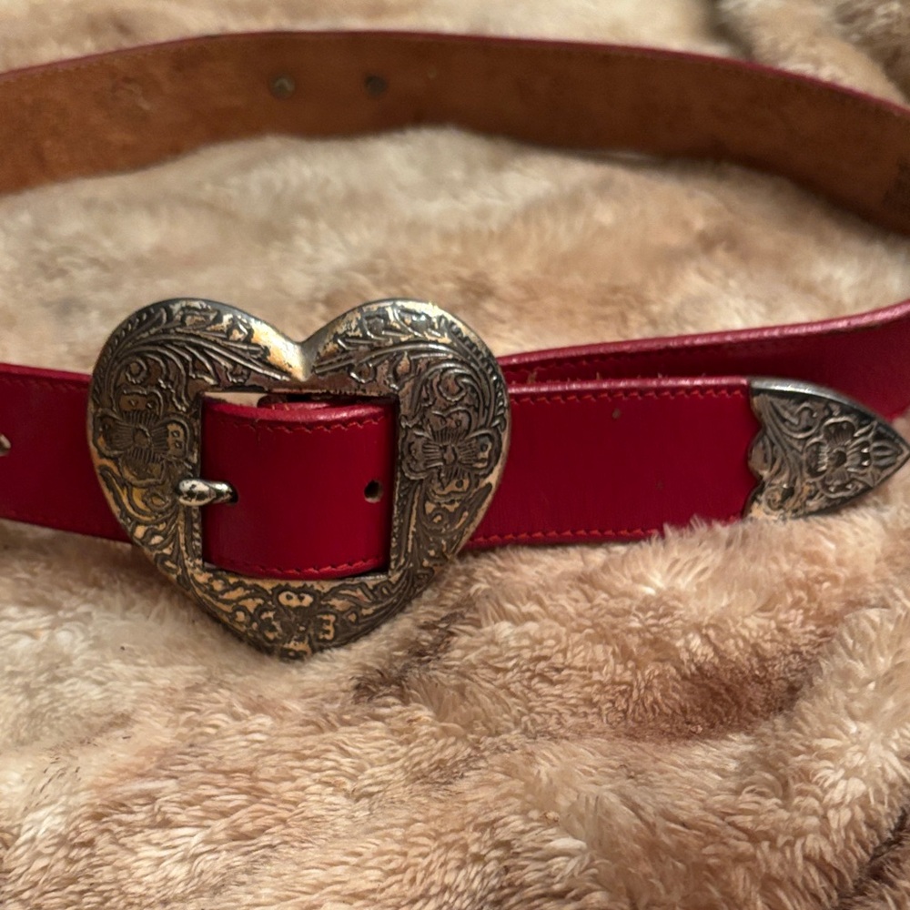 Vintage 1992 Justin Red Heart Buckle Leather Belt - Women's Fashion Accessory